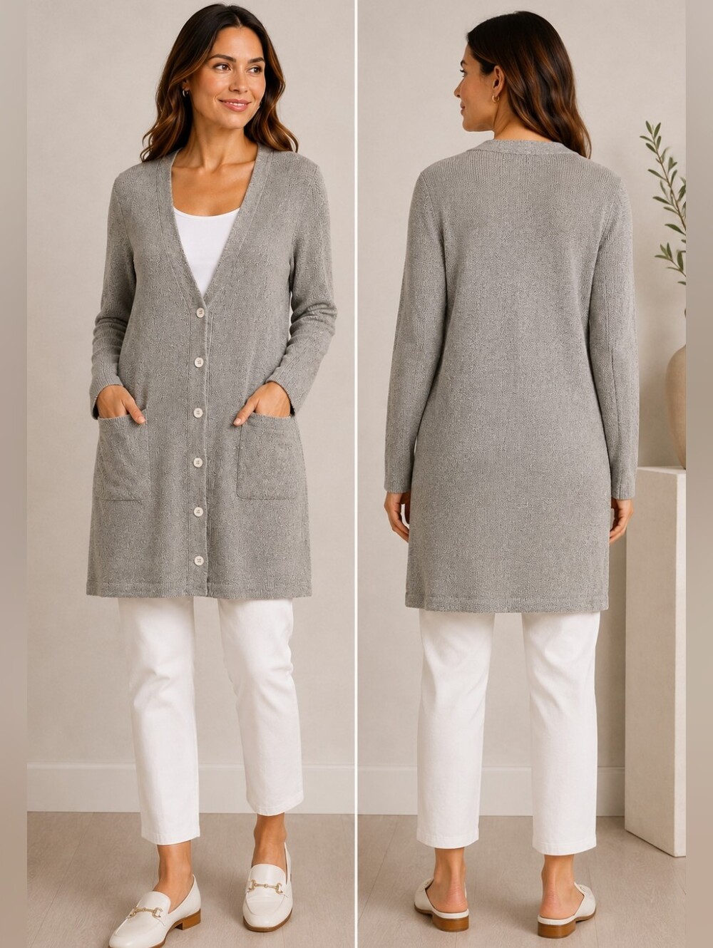 Eileen Fisher Linen Blend V-Neck Button Front Long Cardigan in Gray Size Small